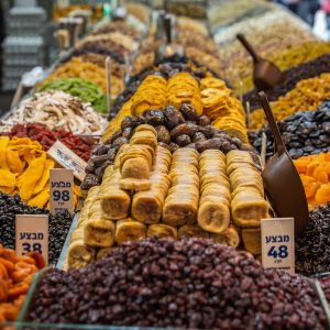 Various dried fruits on the Mahane Yehuda Market in Jerusalem.